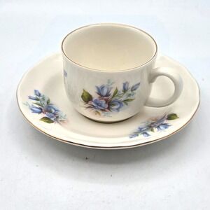 VINTAGE Royal Grafton Blue Wild Flowers Pattern Gold Rim Tea cup &Saucer ENGLAND